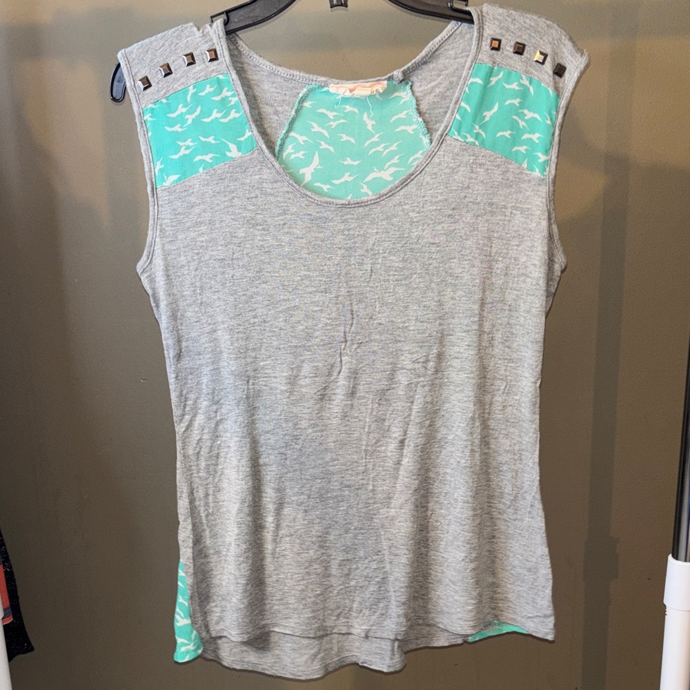 Pink Rose Gray and Teal Tank Top with Studded Shoulders